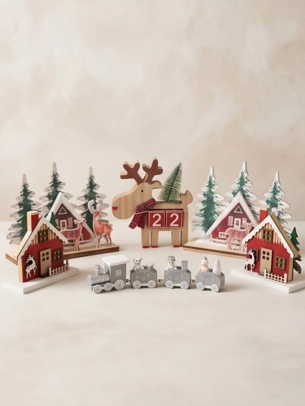 Wooden Christmas Village Decor Set